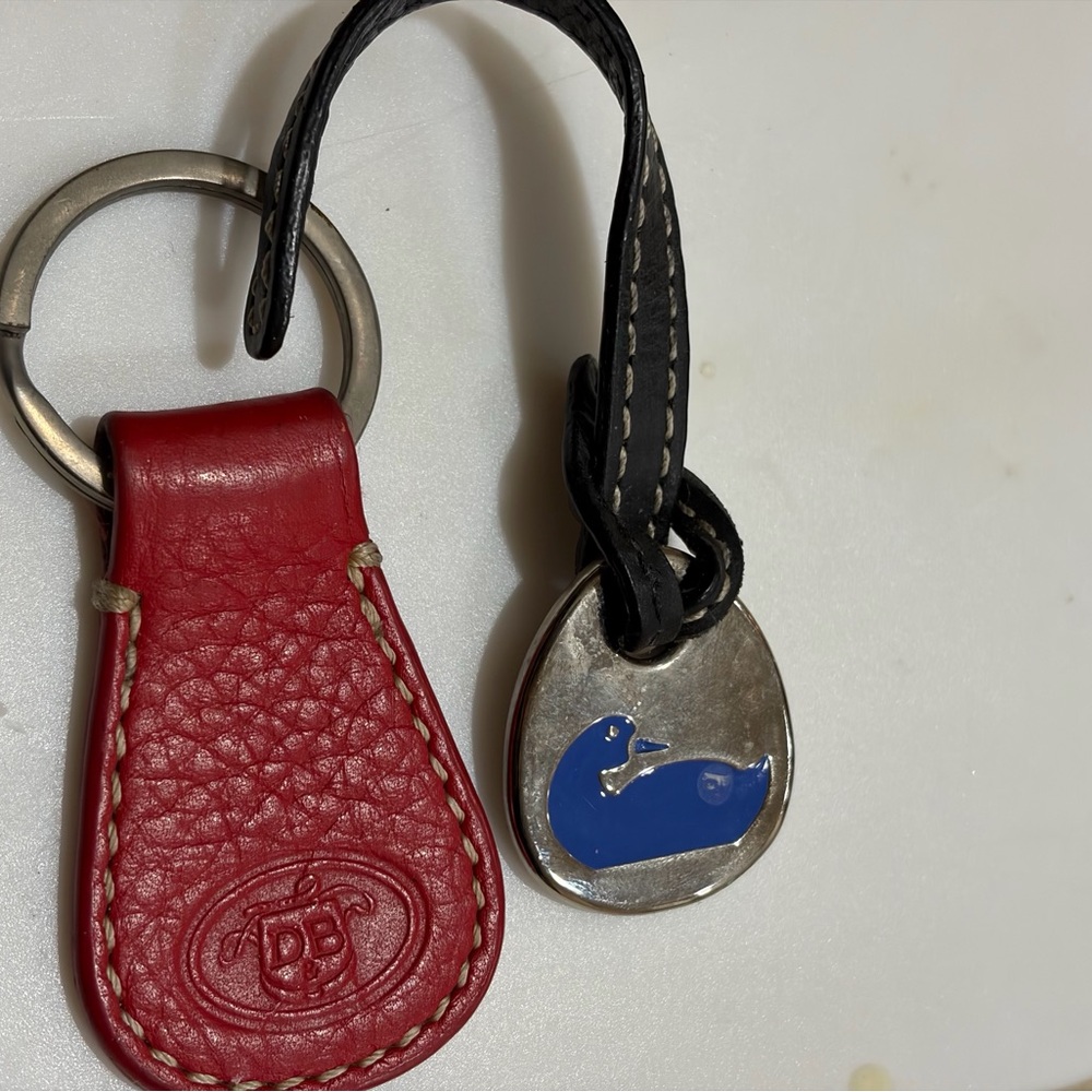 Dooney & Bourke Red and Black Leather Key Holder with Silver and Blue Duck Charm